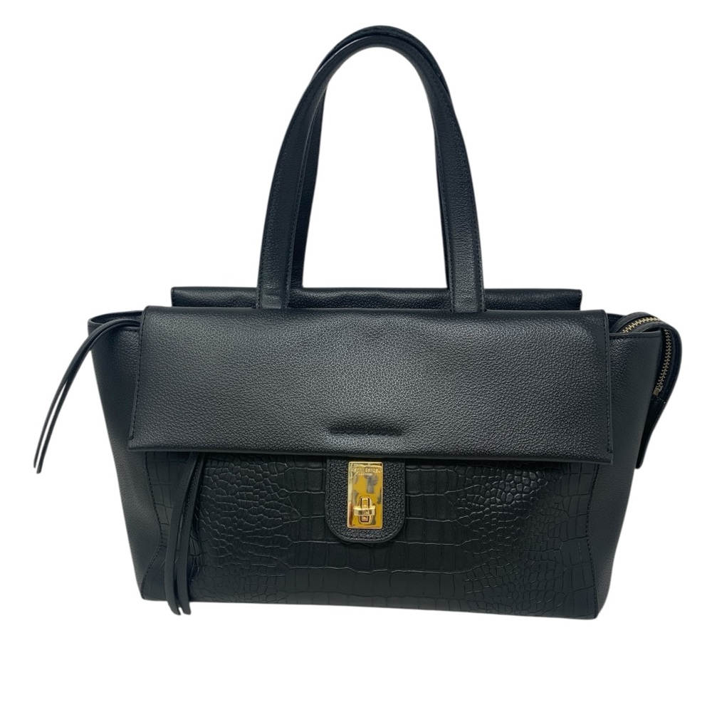 henri bendel Black Textured Leather Satchel with Gold Hardware